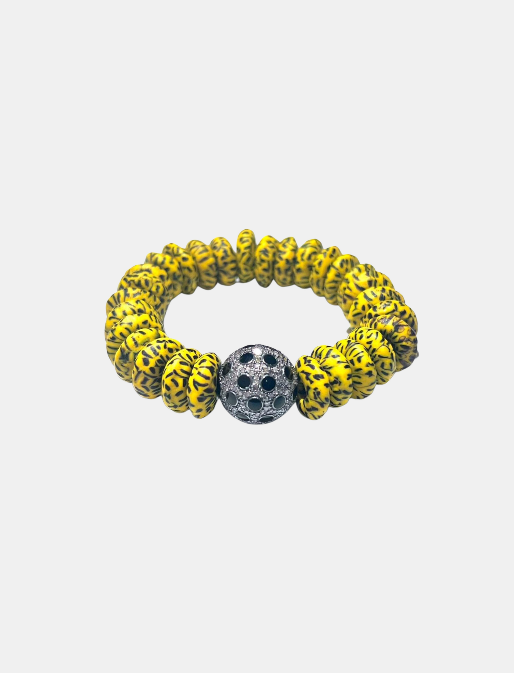 Ghana Yellow Stretch Bracelet, Large Pave Diamond & & Black Enamel Polka Dot Ball