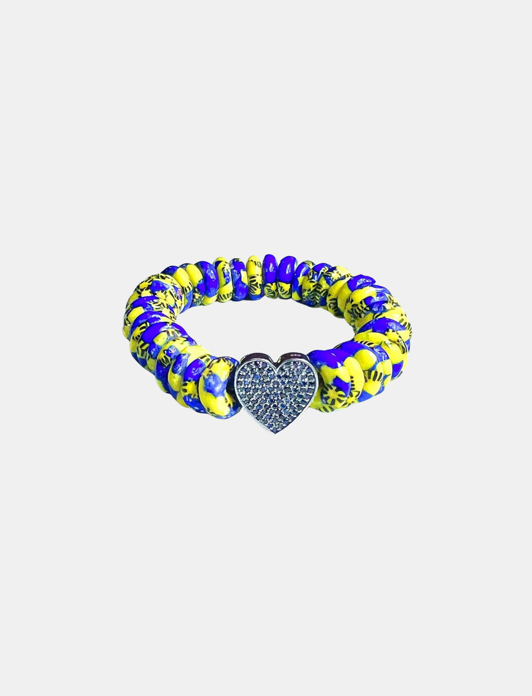Ghana Yellow & Blue Stretch Bracelet With Sterling Silver Blue Sapphire Heart