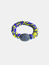 Ghana Yellow & Blue Stretch Bracelet, Double Row Pave Diamond Spacers. Large Blue Sapphire Nugget