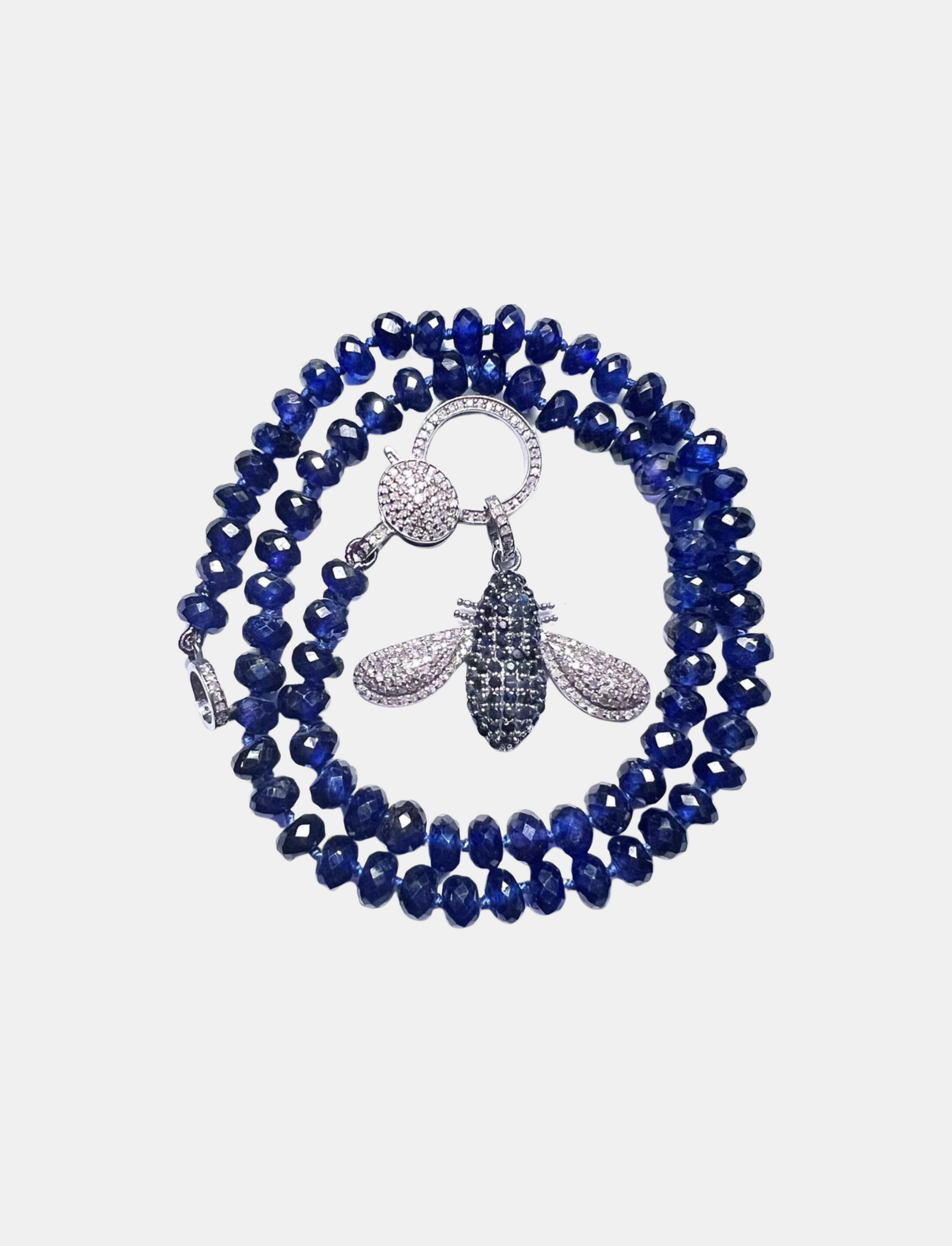Blue Sapphire Knotted Necklace, Large Pave Diamond Clasp, Pave Diamond Blue Sapphire Bee