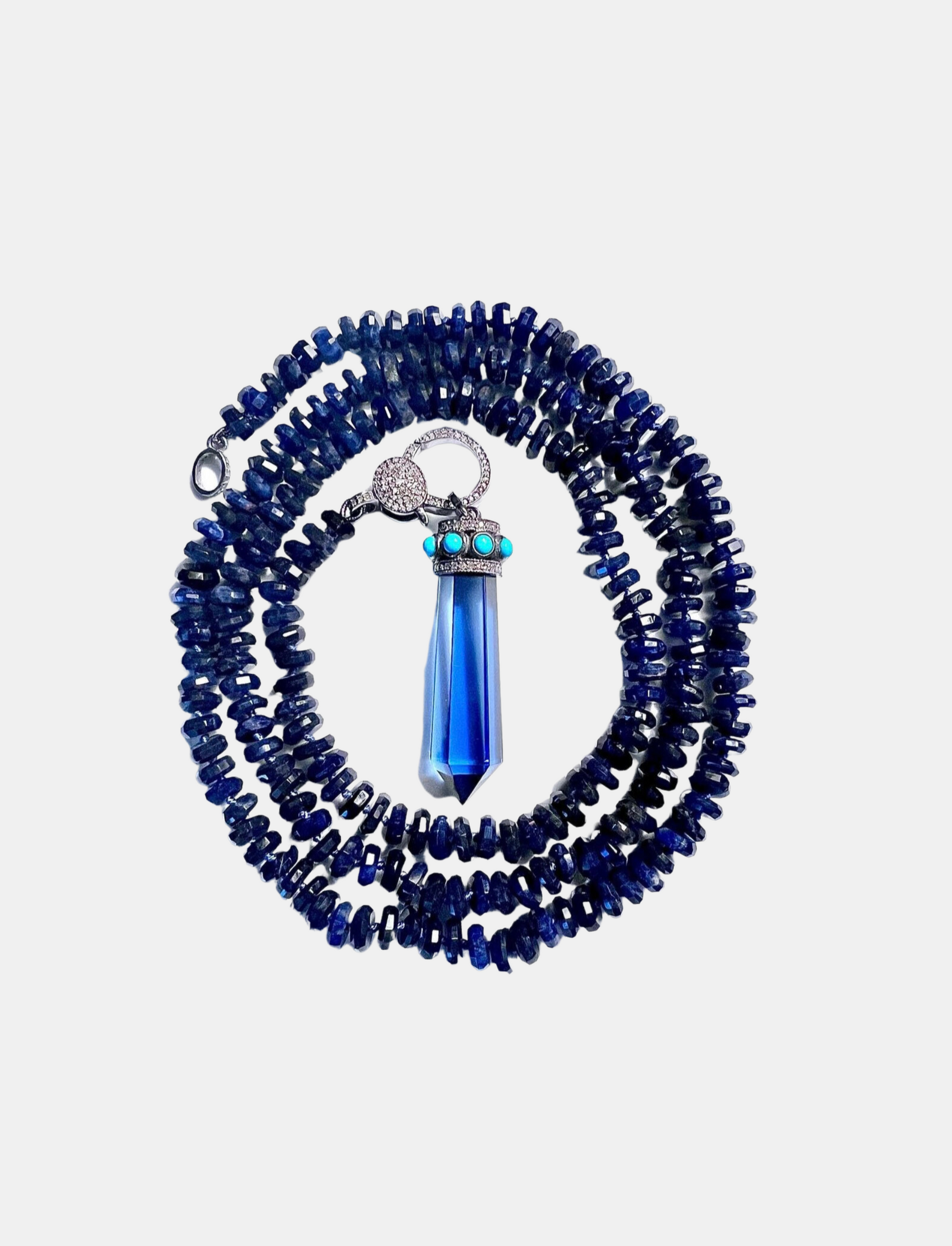 Sodalite Knotted Necklace, Large Pave Diamond Clasp, Pave Diamond & Turquoise Crystal