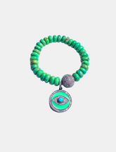 Mohave Green Turquoise Stretch Bracelet, Large Pave Diamond Ball, Pave Diamond Green Enamel & Turquoise Evil Eye