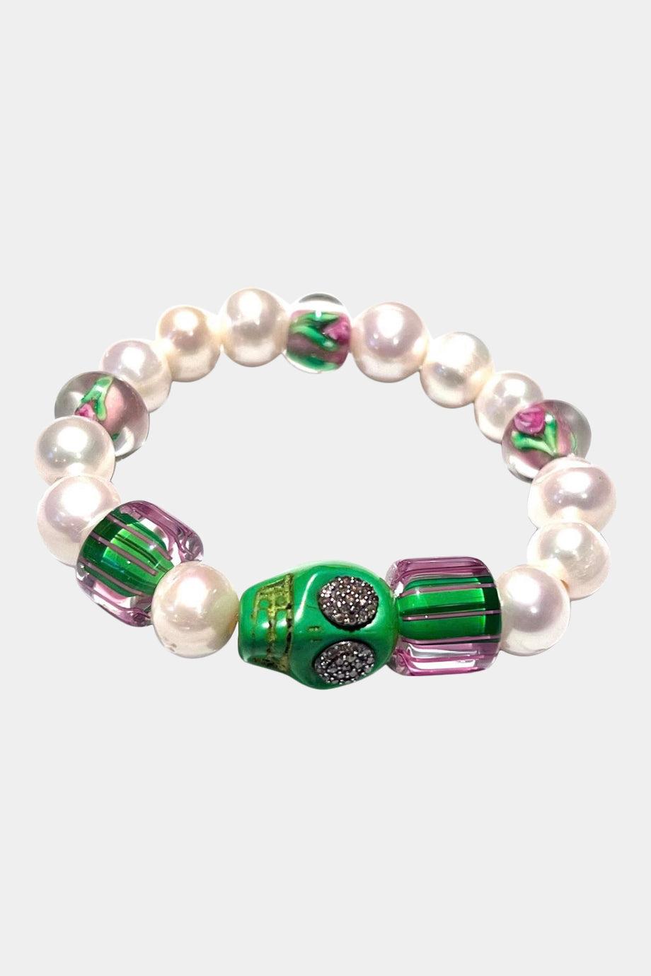 Pink & Green Glass & Fresh Water Pearl Stretch Bracelet, Pave Diamond Green Skull