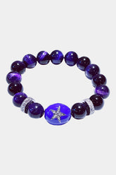Purple Tiger Eye Stretch Bracelet, Double Row Pave Diamond Spacers, Double Sided Pave Diamond Purple Enamel Star