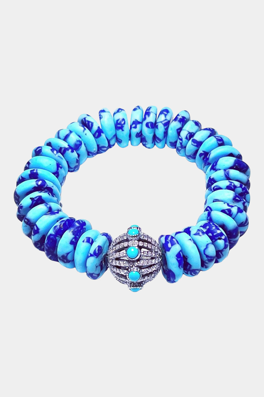 Ghana Turquoise & Blue Ghana Stretch Bracelet, Pave Diamond & Turquoise Dome