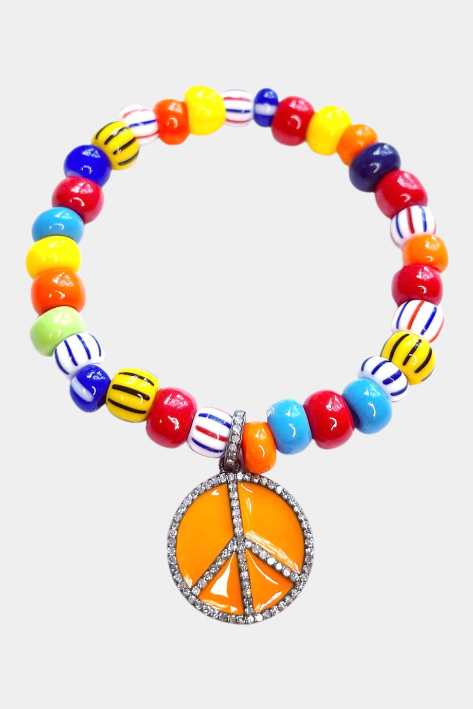Colourful Stretch Bracelet with an Orange Enamel Peace Charm