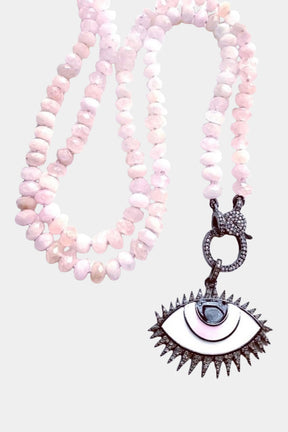 Morganite Knotted Necklace Pink Enamel Evil Eye Pendant