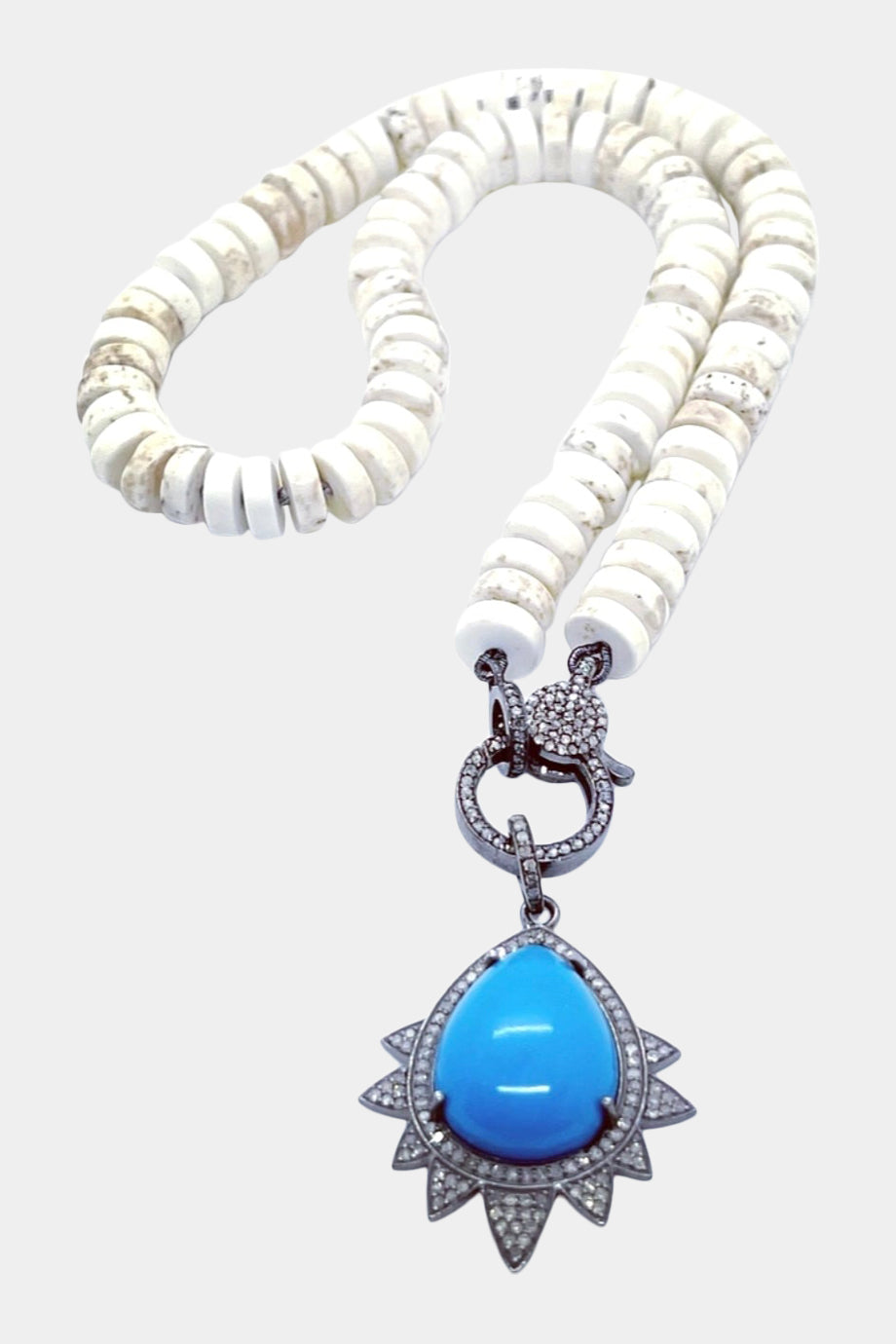 White Magnesite Knotted Necklace Turquoise Diamond Pendant