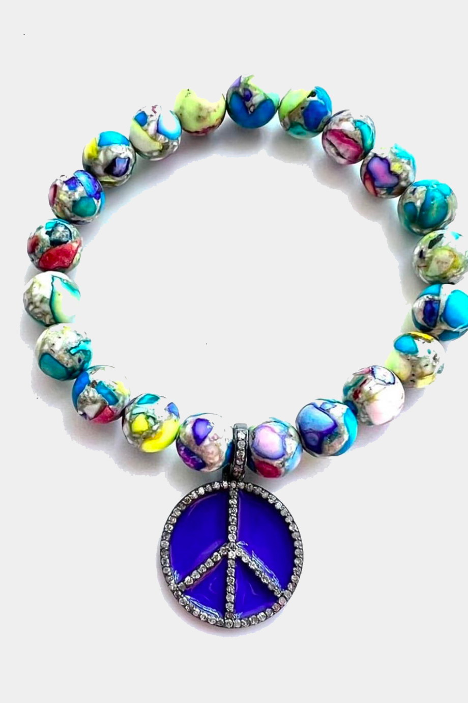 Colorful Jasper Stretch Bracelet, Pave Diamond Purple Enamel Peace
