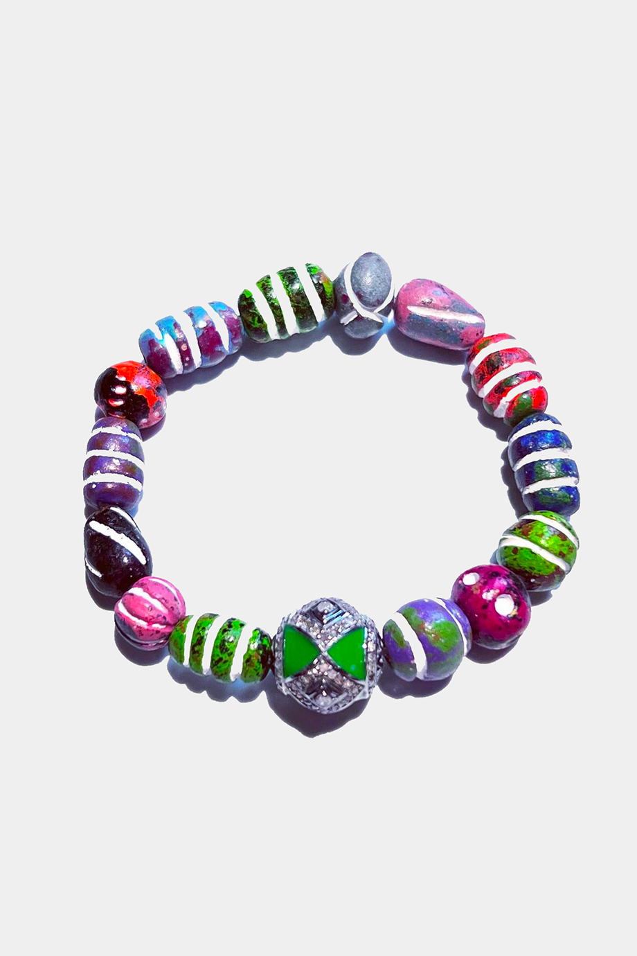 Multi Color Stretch Bracelet, Pave Diamond Green Enamel Ball
