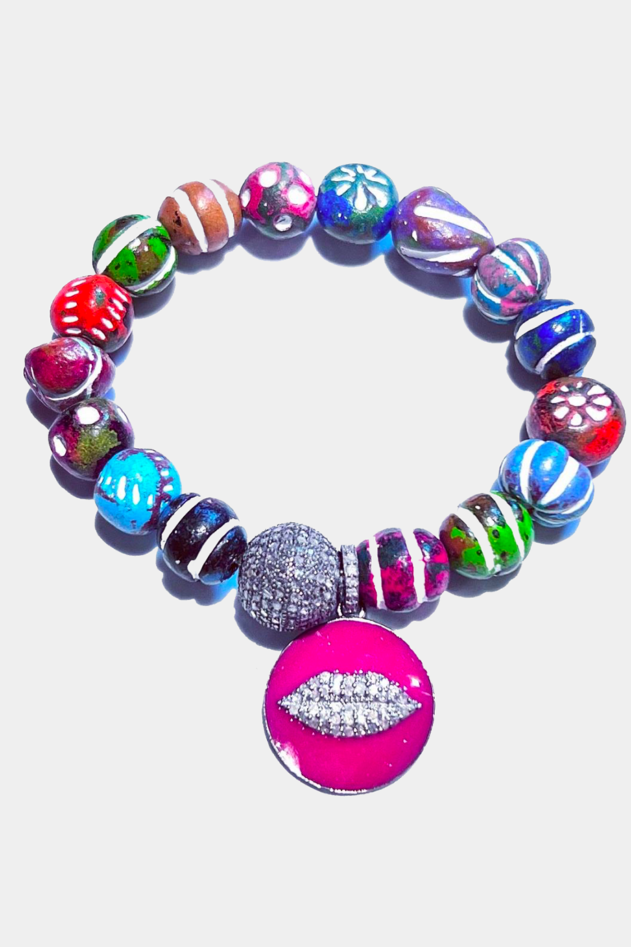 Multi Color Stretch Bracelet, Pave Diamond Ball, Pave Diamond Red Enamel Lips