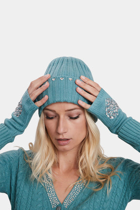Ribbed Cuff Beanie with Heart Crystals